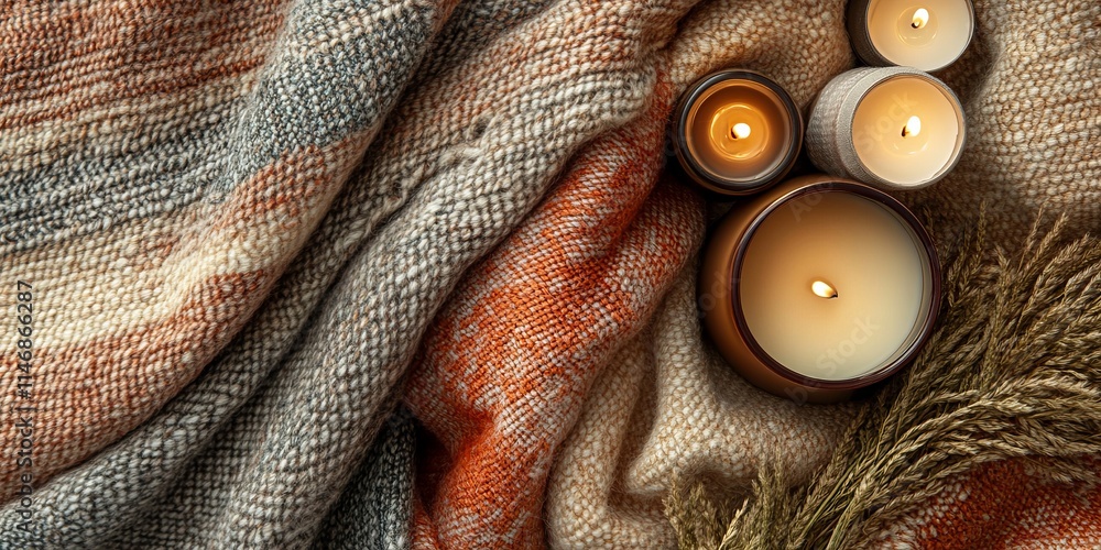 Poster a cozy scene with a blanket and candles on a table. the candles are lit and the blanket is draped ov