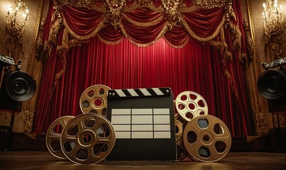 A vintage film set with a clapperboard and film reels in a grand theater.