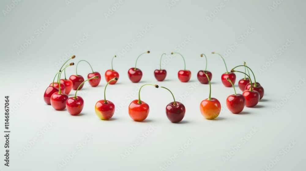 Poster minimalist composition of vibrant cherries arranged in a circular formation, adding a touch of whims