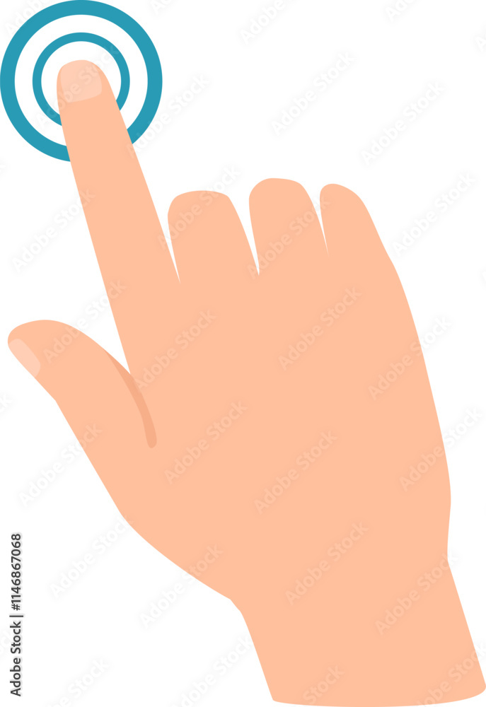 Poster right hand with index finger extended touching a digital screen and activating a virtual button, sym