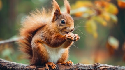 
Close-up portrait of a funny and fluffy red squirrel holding and eating a nut while sitting on a tree branch in the wild, showcasing its playful expression and natural habitat. Wildlife photography w