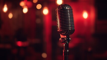 A vintage microphone stands against a warm, ambient background with lights.