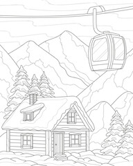 Winter landscape in the mountains. Vacation in the mountains. Coloring page for adults.