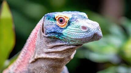 Fototapeta premium Close-up portrait of a colorful fantasy lizard featuring vibrant blue and pink scales against a blurred green foliage background.
