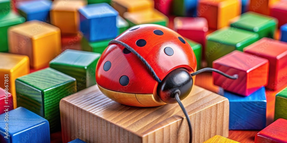 Aufkleber a red wooden ladybug with black spots sits on a wooden block, surrounded by a colorful array of wood