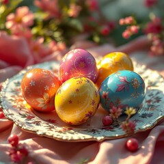 Charming vintage Easter eggs, artfully displayed on a plate.
