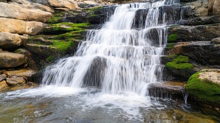 Fototapeta premium Serene ambiance and relaxing spiritual, A serene waterfall cascades over moss-covered rocks, creating a peaceful atmosphere amidst nature's beauty.