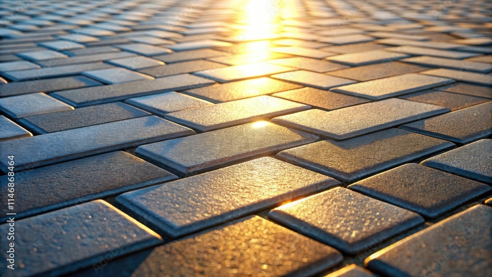 Poster a close-up view of a brick walkway with golden light reflecting off of the surface