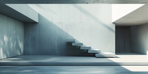 Obraz premium A serene minimalist interior featuring a floating staircase and natural light, highlighting modern architectural design.
