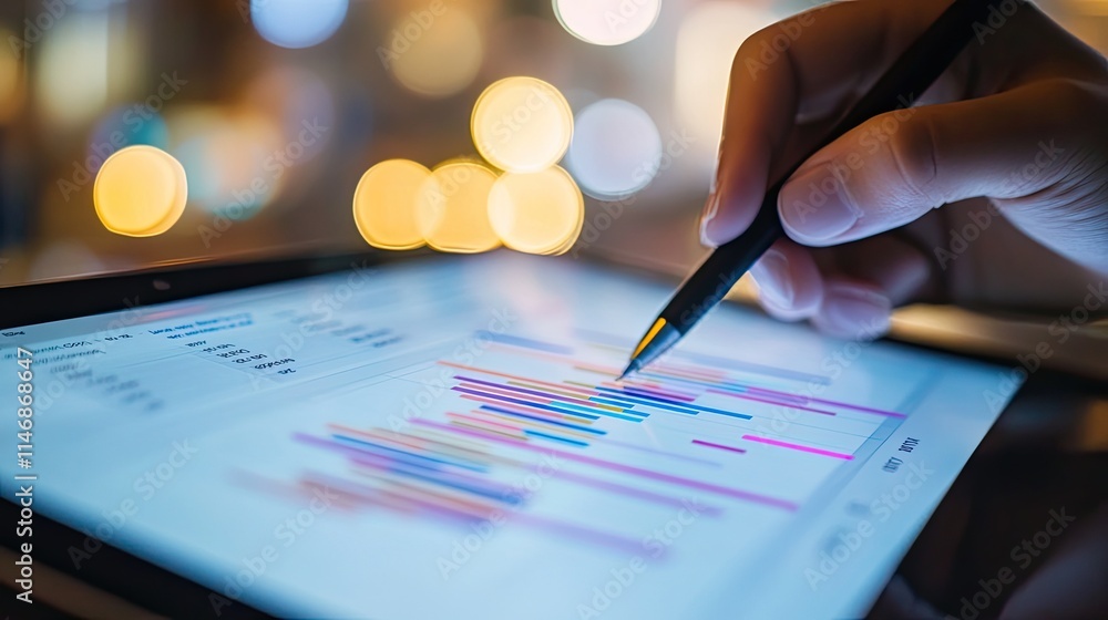 Poster close-up of hand using stylus on tablet displaying financial charts at night.