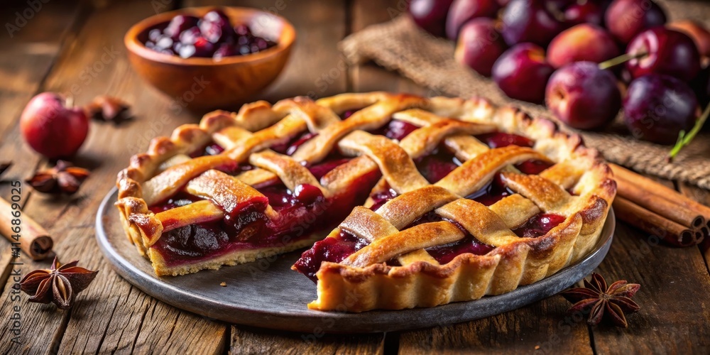 Poster a deliciously golden-brown cherry pie with a lattice crust, ready to be served on a rustic wooden ta