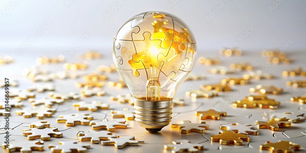 Aufkleber A glowing light bulb made of puzzle pieces sits on a surface surrounded by scattered puzzle pieces, symbolizing the interconnectedness of ideas and the power of collaborative problem solving.