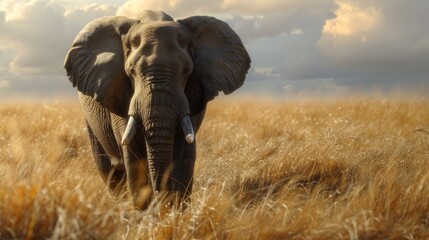 Naklejka premium Majestic African elephant grazing in the wild savannah at sunset, with golden light illuminating its massive frame, showcasing the beauty of nature and wildlife