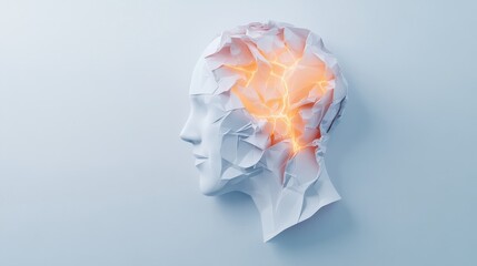 A Crumpled paper head with glowing cracks symbolizes creativity and ideas
