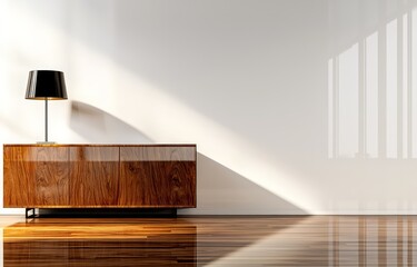 Fototapeta premium A sleek modern interior featuring a wooden sideboard with a lamp and a polished wooden floor, all set against a white wall The design radiates warmth and sophistication