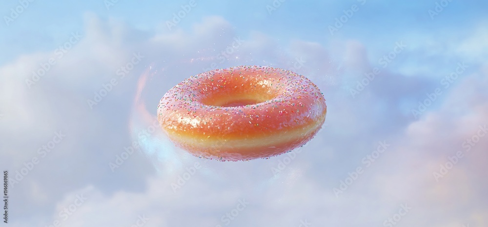 Poster a whimsical floating donut surrounded by soft clouds.