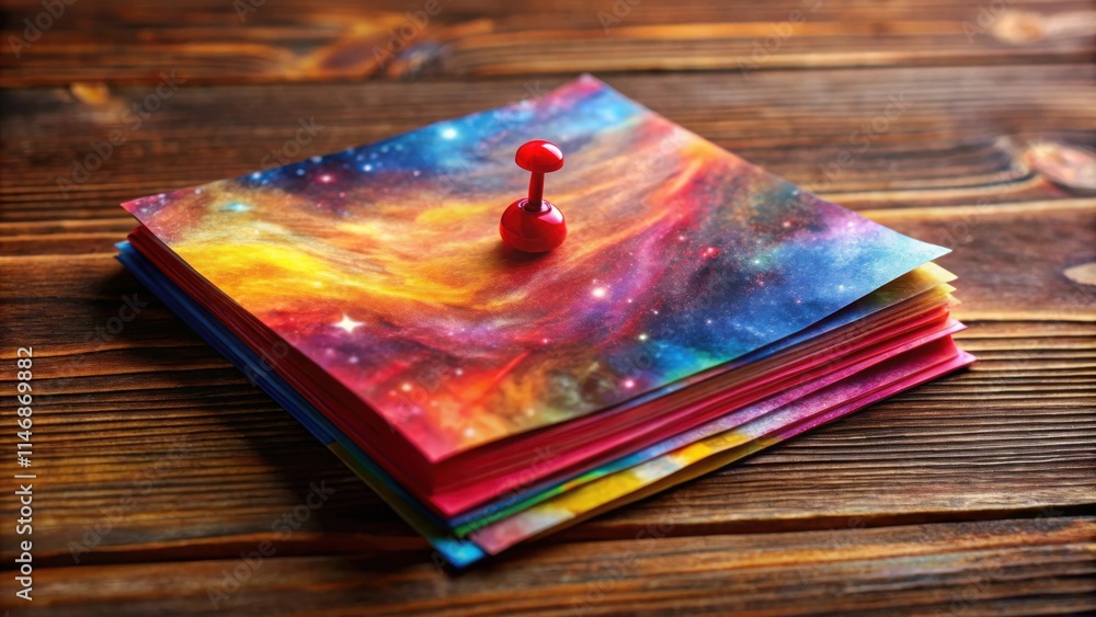 Poster A single red push pin marks the spot on a stack of colorful papers, each depicting a different nebula in the vastness of space.