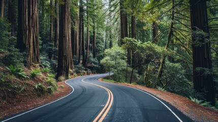 Fototapeta premium Open space above a winding road bordered by majestic redwood trees during a road trip
