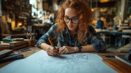 Artistic woman sketching in cozy creative studio with warm lighting