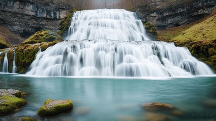 Serene ambiance and relaxing spiritual, A serene waterfall cascades over rocky tiers into a tranquil pool, surrounded by lush greenery and rugged cliffs, creating a picturesque natural landscape.