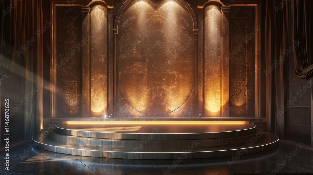 Poster photorealistic 3d rendering of a display stage, capturing the textures, lighting, and shadows with r