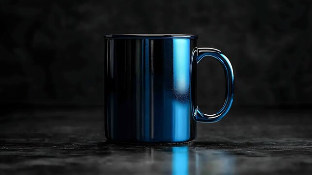 Shiny metallic mug with a reflective blue handle on a stark black background