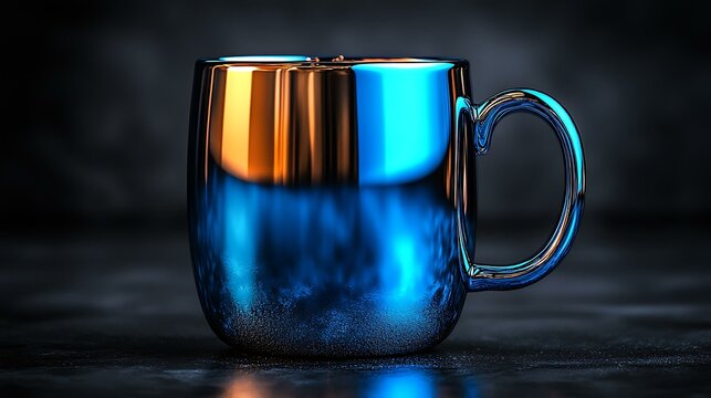 Shiny metallic mug with a reflective blue handle on a stark black background