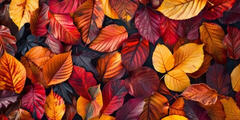 Fototapeta premium A colorful assortment of autumn leaves showcasing a variety of rich reds, oranges, and yellows, perfect for seasonal and nature-themed designs.