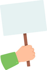 Hand firmly grasping a blank placard with a wooden stick, ready for protest, announcement, or advertisement, isolated on a white background