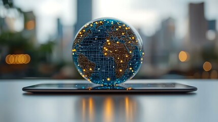 Smart tablet projecting a holographic image of a globe with real-time data, resting on a clean white desk