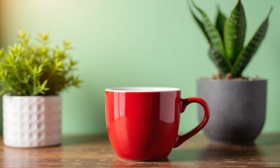 Red Mug, Plants, and Serene Morning