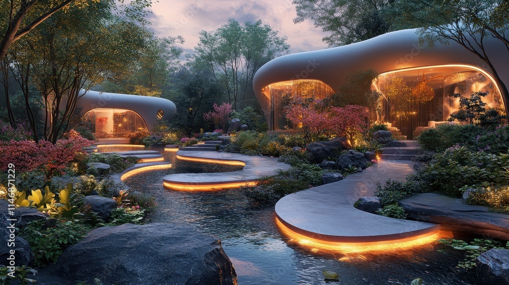 Poster a serene, modern garden featuring flowing paths, illuminated structures, and lush greenery, creating