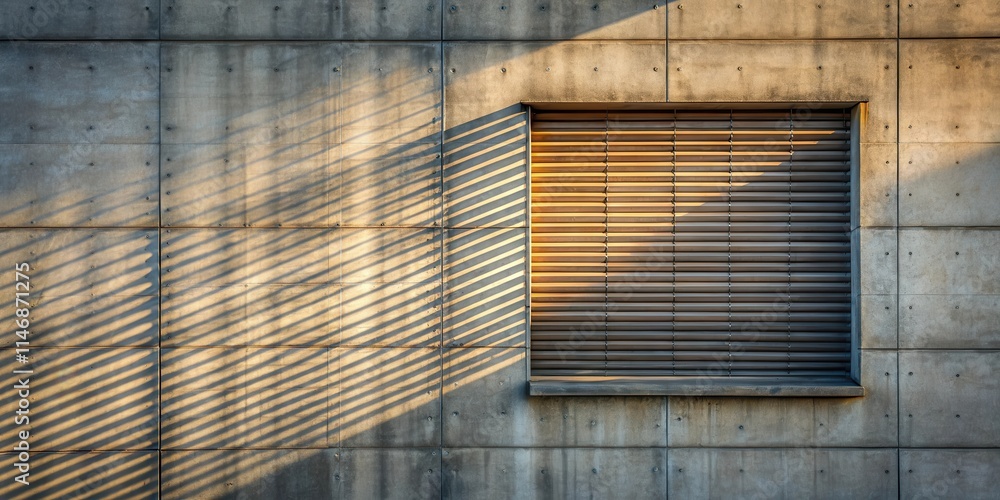 Aufkleber a concrete wall with a window featuring slatted blinds casts long, diagonal shadows in the late afte