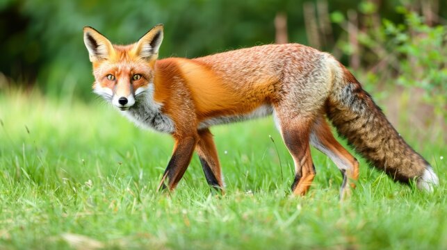 Red fox standing in lush green forest meadow surrounded by tall grass and vibrant trees, natural wildlife habitat in a peaceful woodland setting