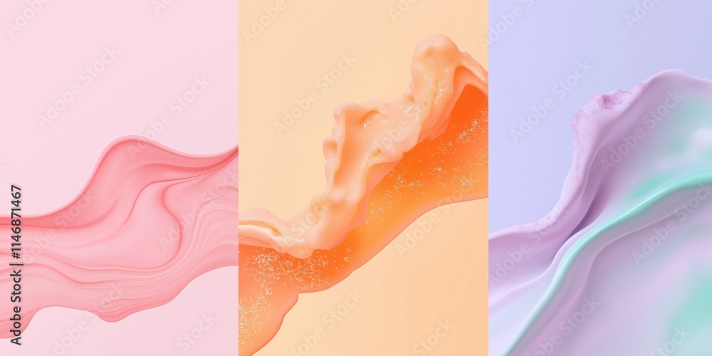 Poster three different colored blobs of paint are shown in a row. the colors are pink, orange, and green. t