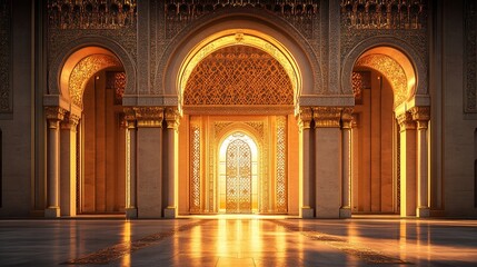 Majestic golden archway entrance to ornate palace.