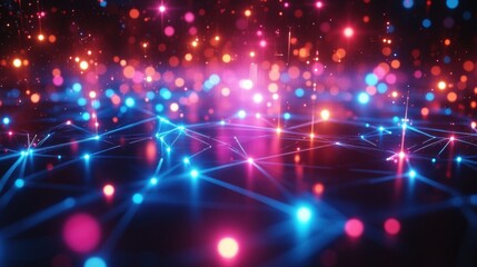 Colorful abstract network lights with glowing dots and bokeh effects