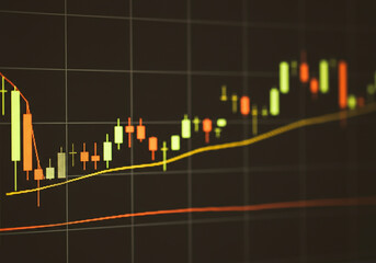 Naklejka premium Financial candlestick chart with green and red indicators on a dark background