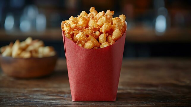 Snack package bag with a vibrant red theme, displayed on a wooden table
