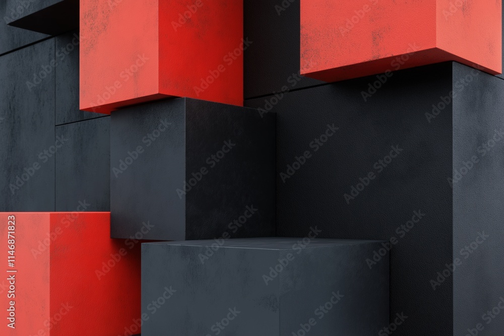 Aufkleber a wall made of black and red cubes with a red cube in the middle. the wall is made of various sized 