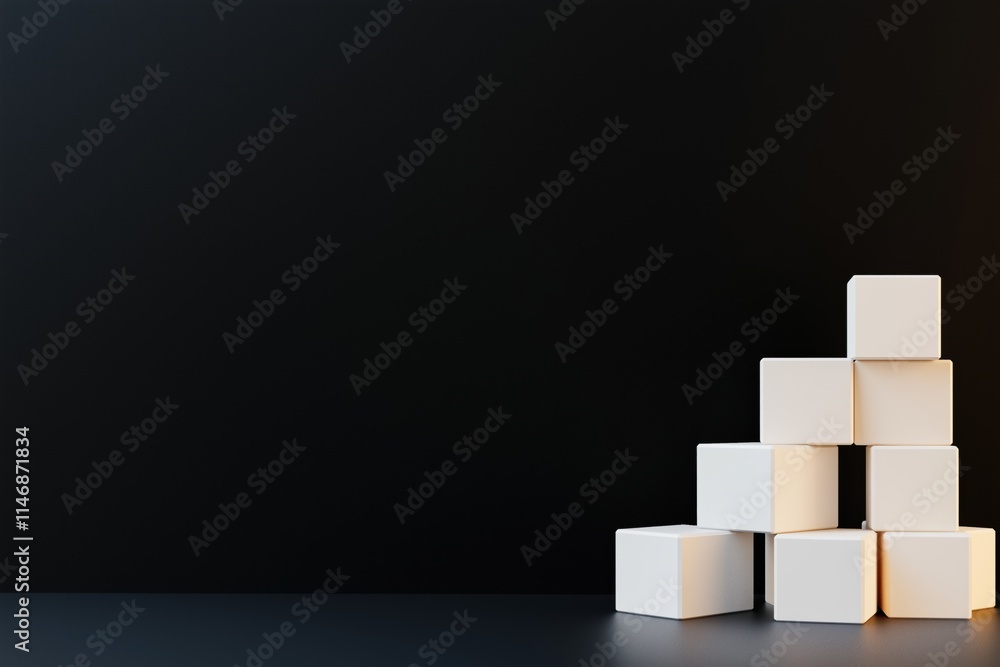 Poster a black background with white boxes stacked on top of each other. the boxes are arranged in a pyrami