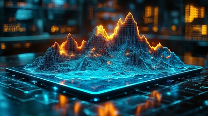 Tablet displaying a holographic 3D terrain map, isolated on a bright modern desk