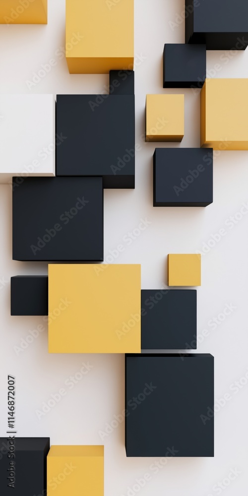 Poster a wall of black and yellow cubes. the cubes are arranged in a way that creates a sense of depth and 