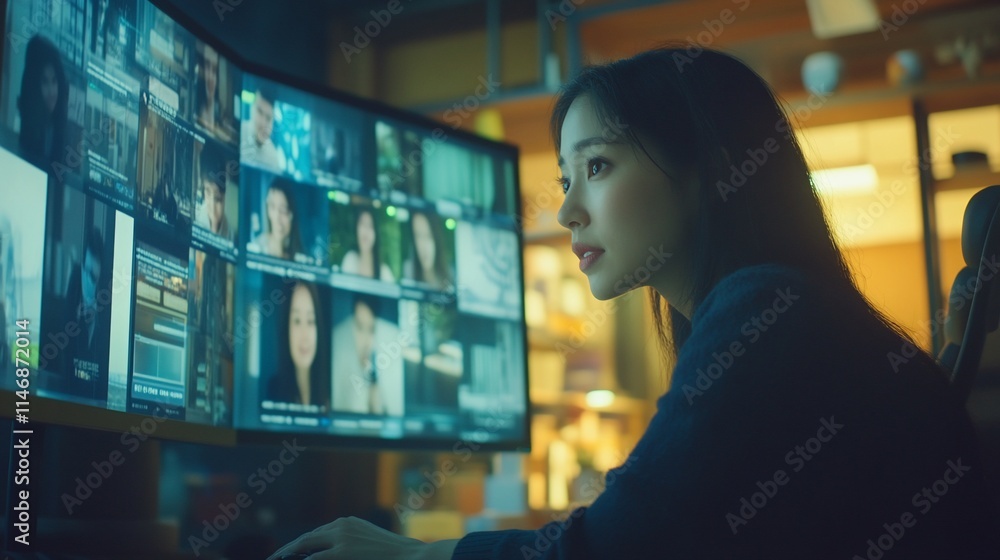 Poster a woman analyzing data on multiple screens in a modern workspace.