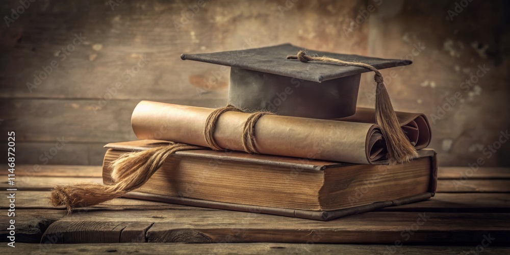 Poster A Graduation Cap Resting Upon a Rolled Up Scroll and a Bound Book, Symbolic of Academic Achievement
