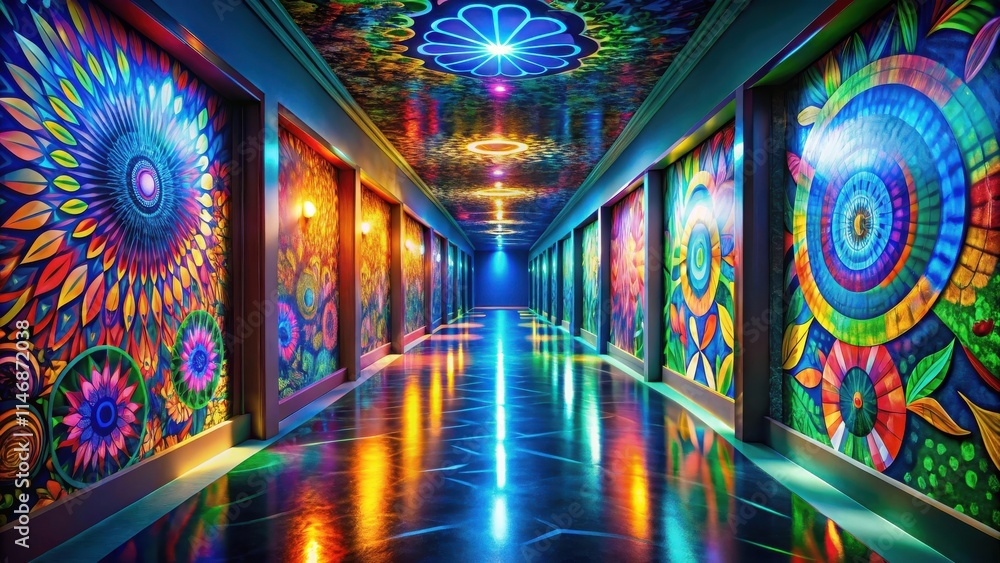 Poster A vibrant hallway with colorful abstract floral patterns on the walls, illuminated by glowing lights, creating a kaleidoscope of colors and reflections on the floor
