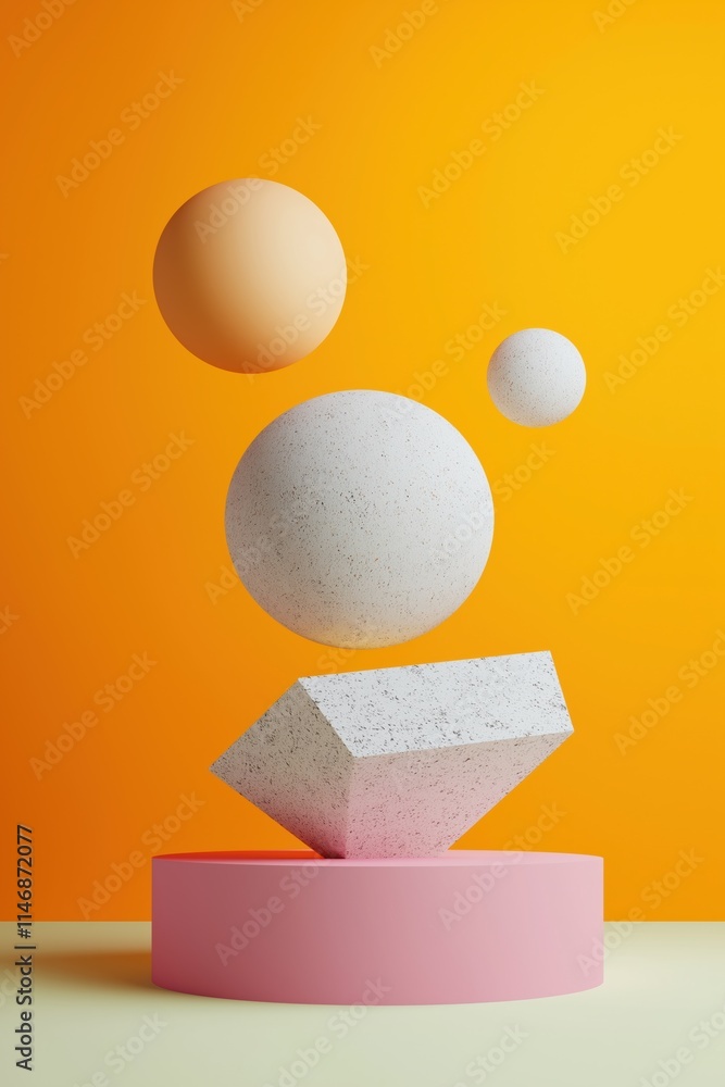 Poster a series of three spheres and a square are suspended in midair on a pink base. the spheres are of di