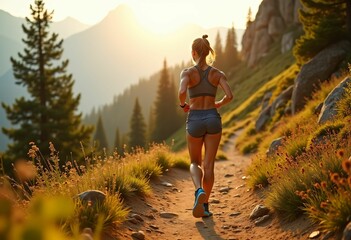 Running woman in scenic mountains outdoor fitness sunset trail nature dynamic perspective