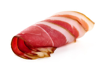 Traditional Spanish Jamon Serrano ham, isolated on white background.