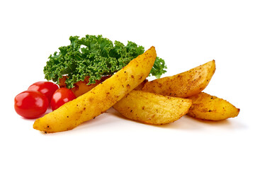 Baked potato wedges, fried potatoes, isolated on white background.